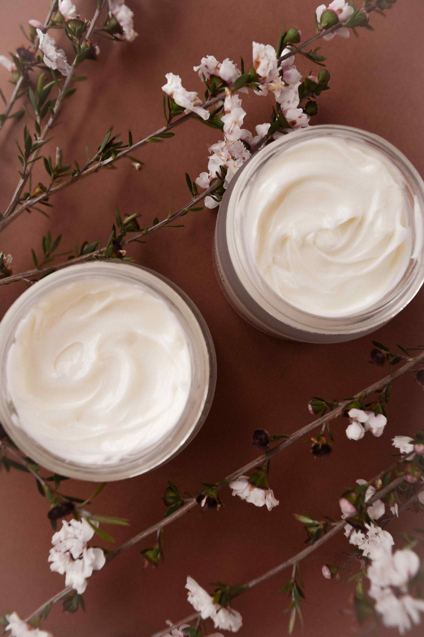 Two open jars of white cream with floral branches on a brown background