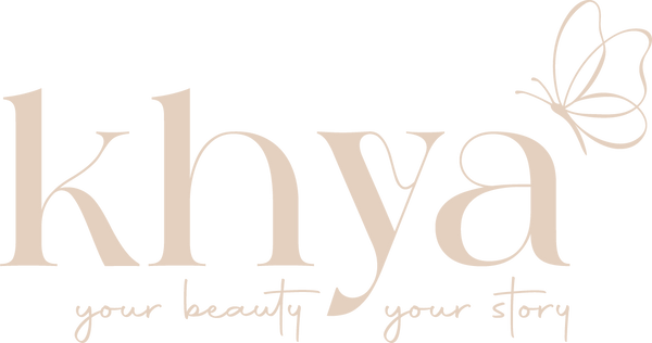 Logo with 'khya' and tagline 'your beauty your story' on a white background